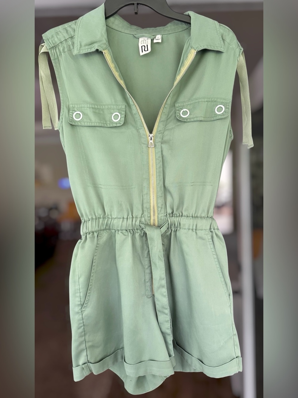 Sage Green Utility Romper| Size 10 |Zip Front |Drawstring Waist - Picture 3 of 12